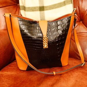 MC Handbags Croco Embossed Crossbody Bag Black Brown Gold Hardware Adjustable